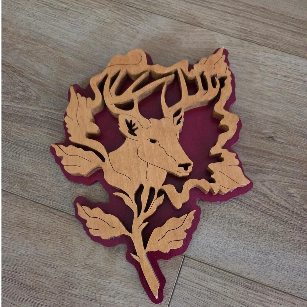 Handcrafted Wooden‎ Deer Wall Art Rustic Home Decor Signed Oak Y2K